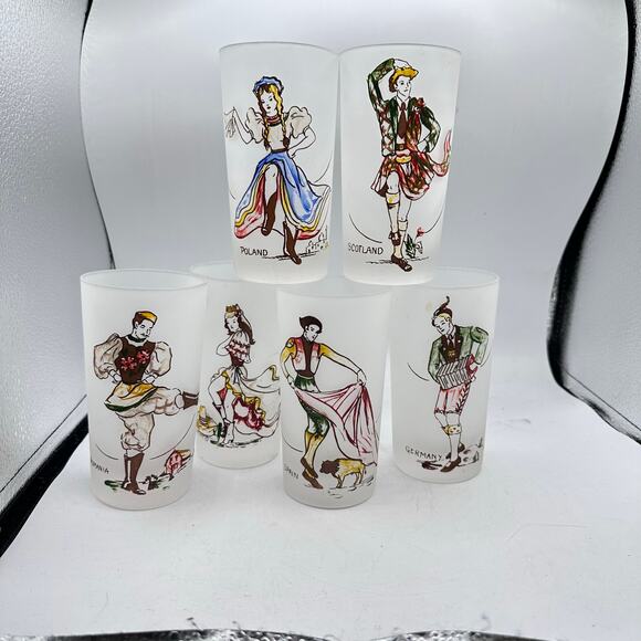 Set of 6 Vintage Frosted Federal Glass Around the World Cocktail Glasses - Picture 2 of 9